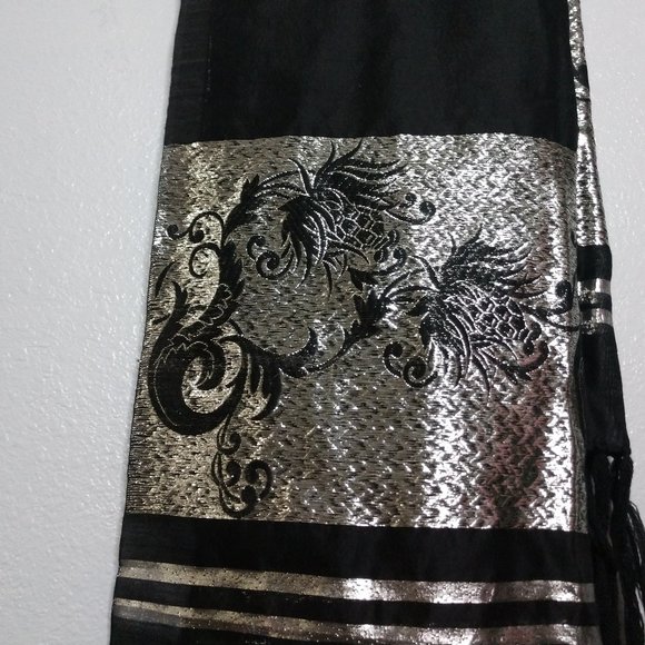 Vintage Japanese Black Wool Silk Metallic Floral Tassel Large Scarf Oriental